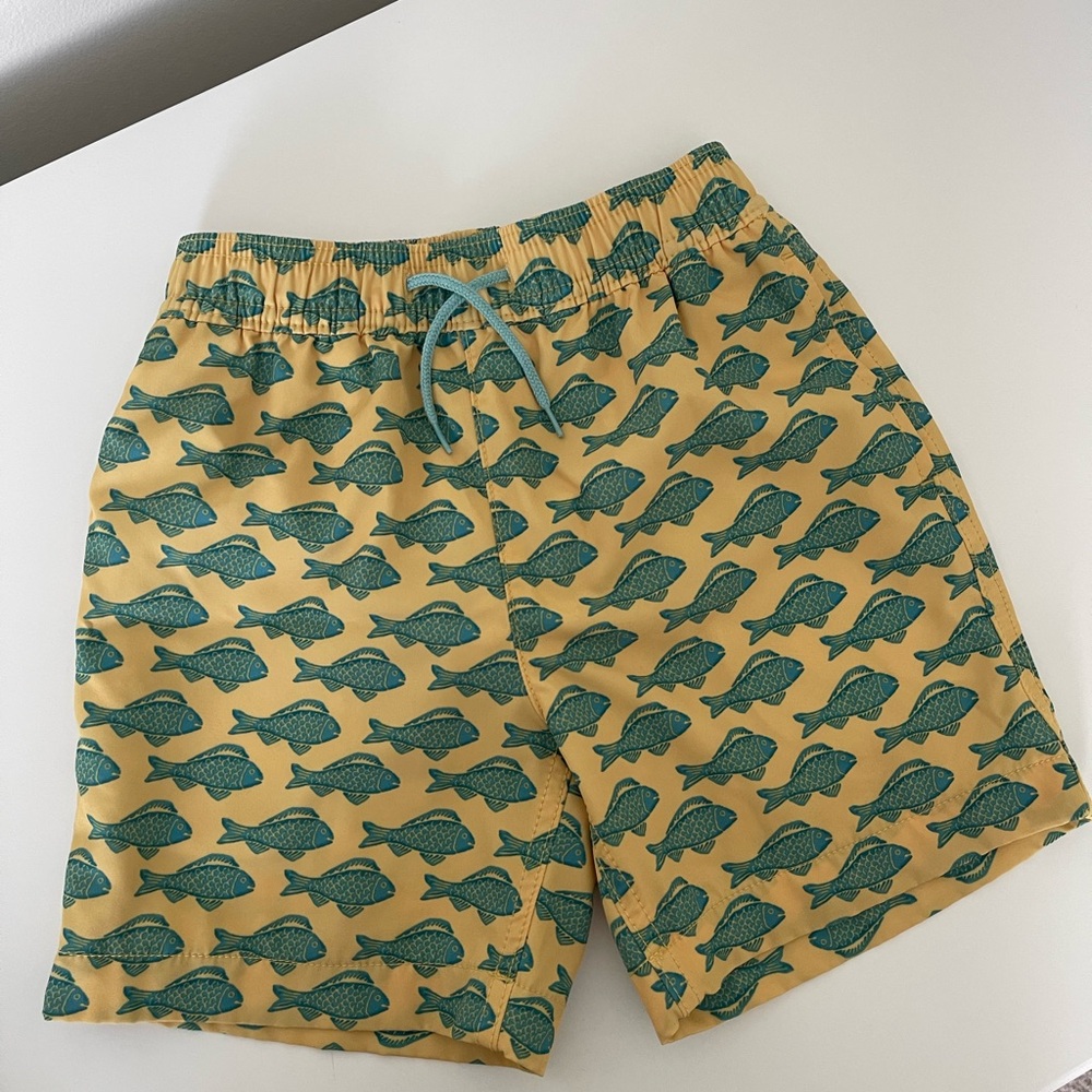 Crewcuts Yellow Swim Shorts with Green Fish Pattern